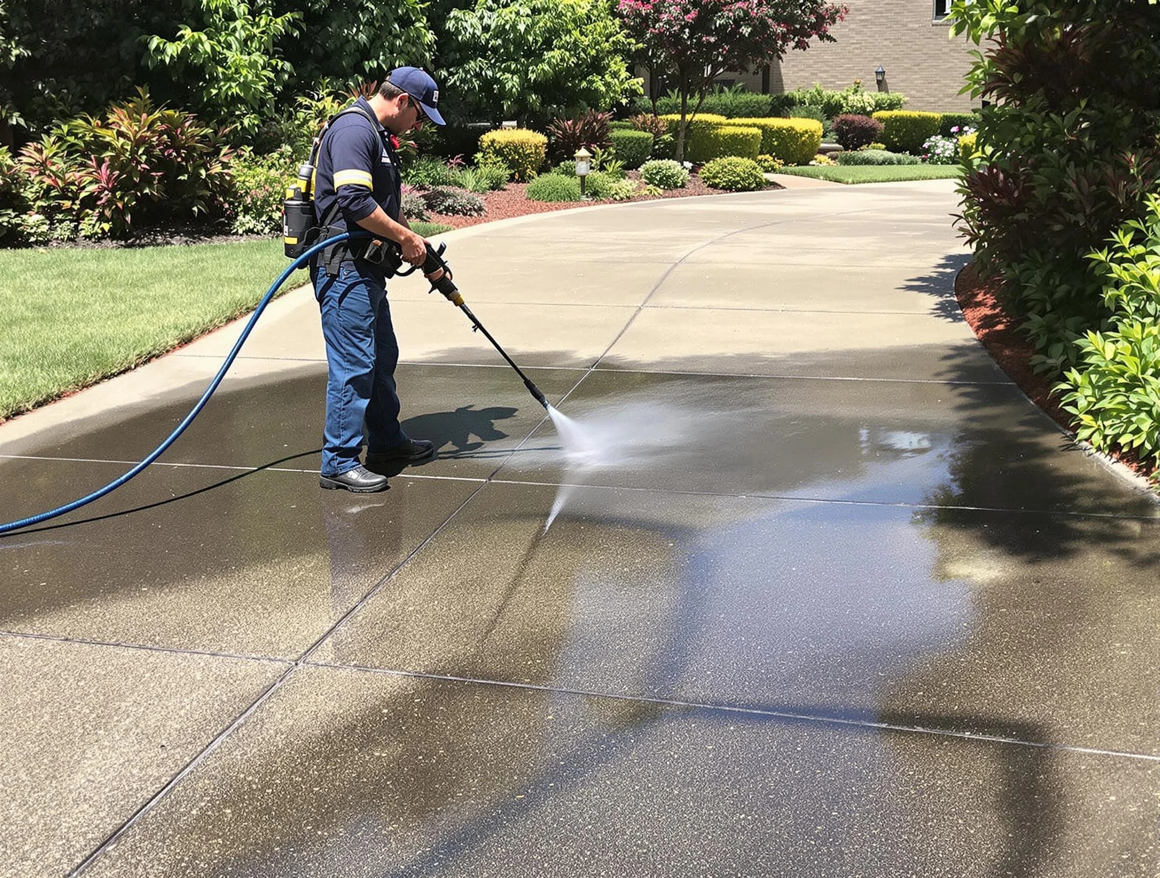 Experienced Avon Power Washing team member pressure washing a driveway in Avon