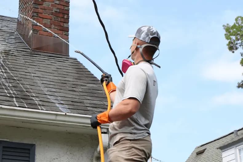 Avon Power Washing professional performing gentle roof washing service in Avon