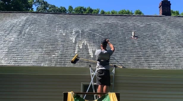 Before and after results of roof washing by Avon Power Washing in Avon